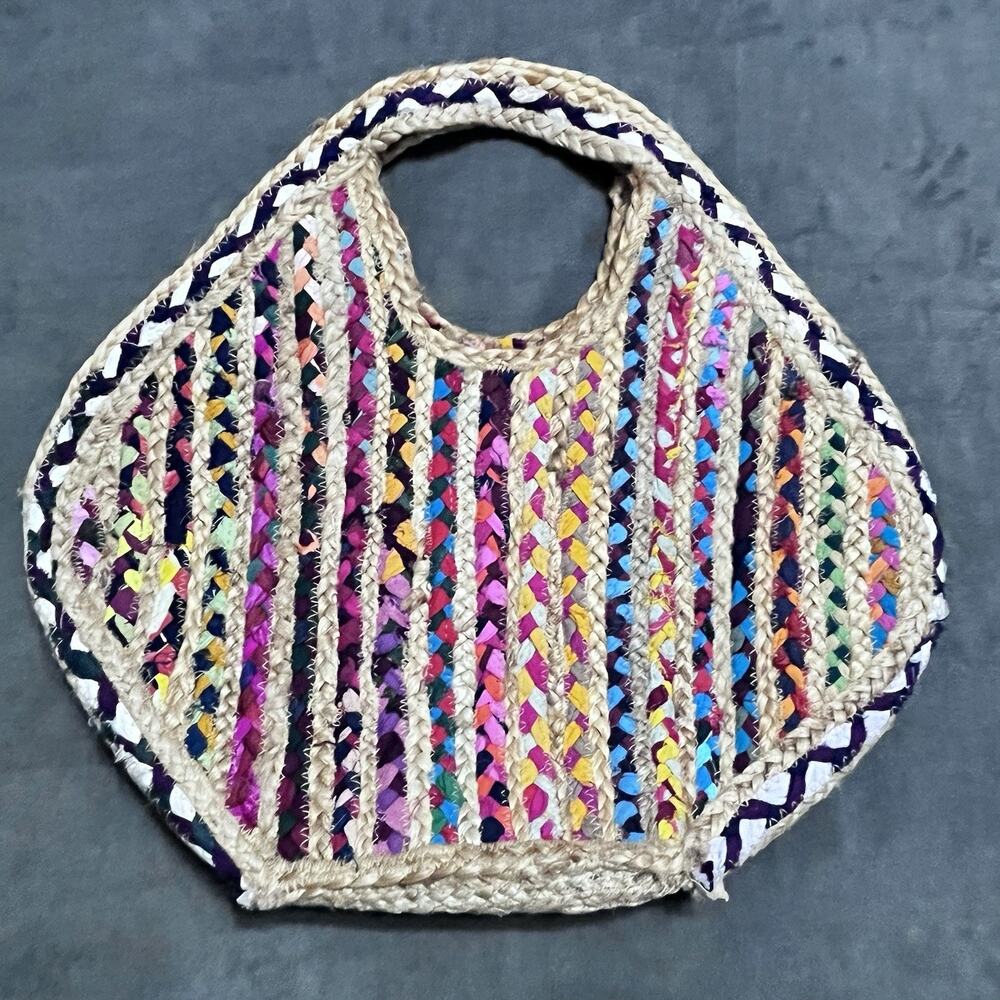 Jute Tote bag Oversized Braided Fabric Colorful Beach Rainbow 21”x20”